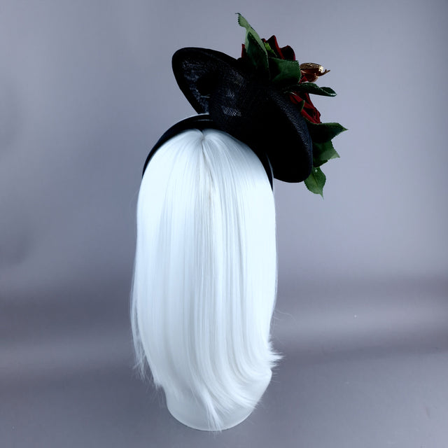 "Solanine" Red Rose, Gold Snake, Pearls, Black Fascinator Hat