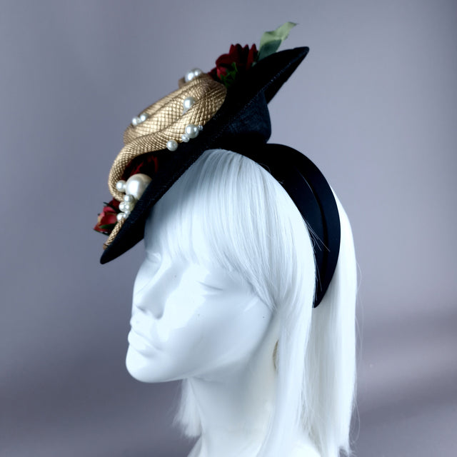 "Solanine" Red Rose, Gold Snake, Pearls, Black Fascinator Hat