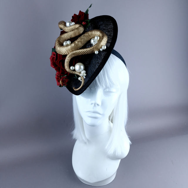 "Solanine" Red Rose, Gold Snake, Pearls, Black Fascinator Hat