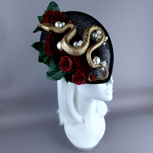 "Solanine" Red Rose, Gold Snake, Pearls, Black Fascinator Hat