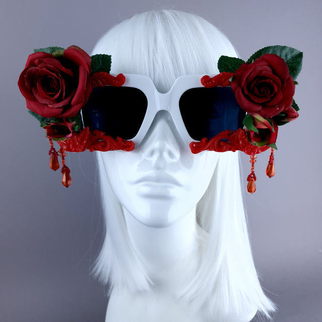 "Raysel" Red Rose, Filigree & Beading White Sunglasses