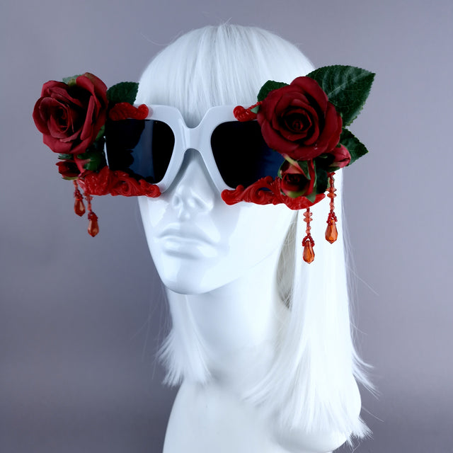 "Raysel" Red Rose, Filigree & Beading White Sunglasses