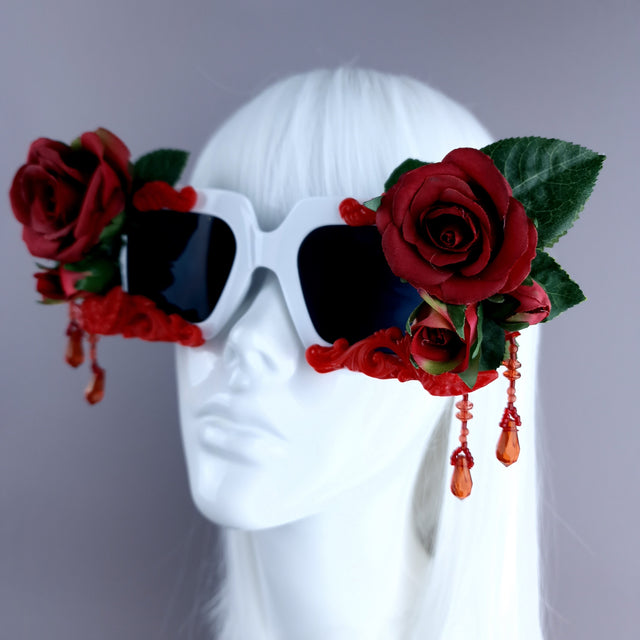 "Raysel" Red Rose, Filigree & Beading White Sunglasses