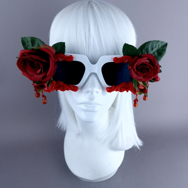 "Raysel" Red Rose, Filigree & Beading White Sunglasses