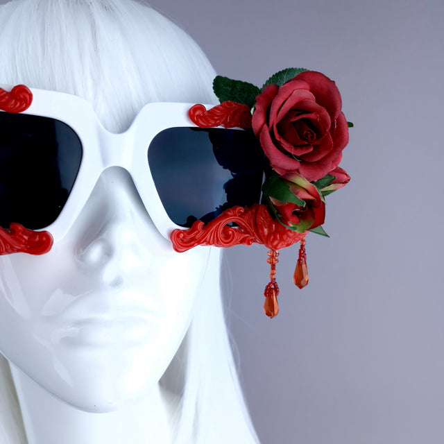 "Raysel" Red Rose, Filigree & Beading White Sunglasses