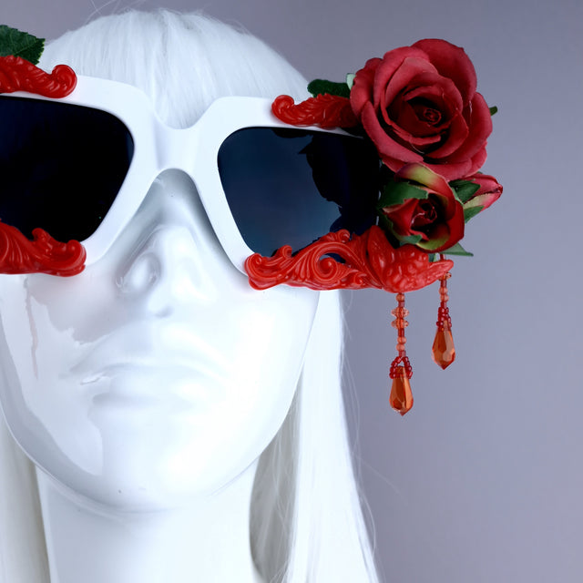 "Raysel" Red Rose, Filigree & Beading White Sunglasses