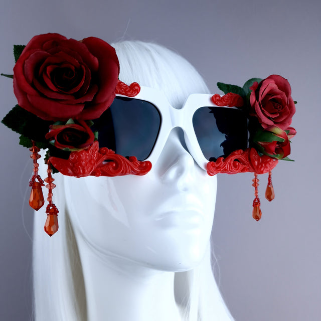 "Raysel" Red Rose, Filigree & Beading White Sunglasses
