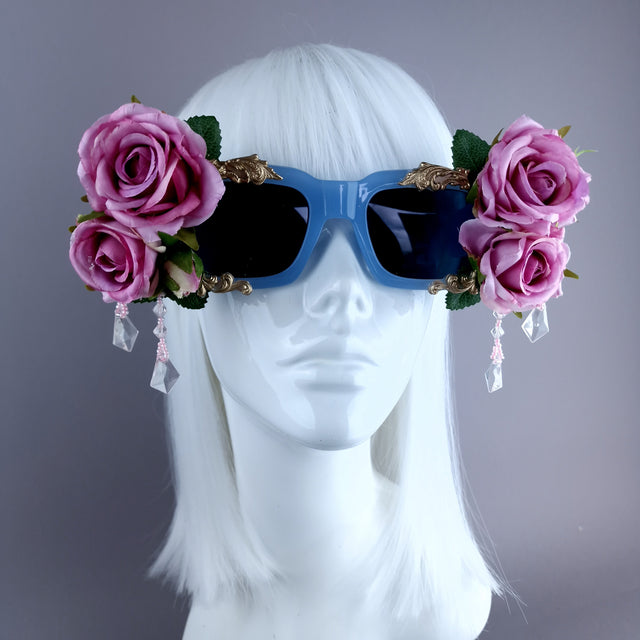 "Raysel" Pink Rose, Filigree & Beading Blue Sunglasses