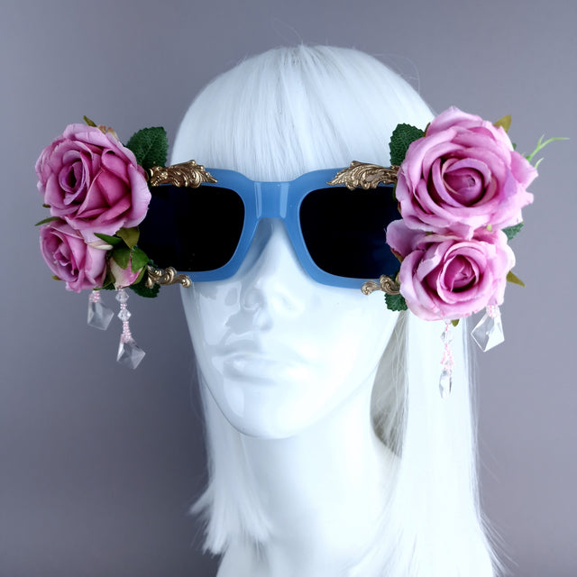"Raysel" Pink Rose, Filigree & Beading Blue Sunglasses
