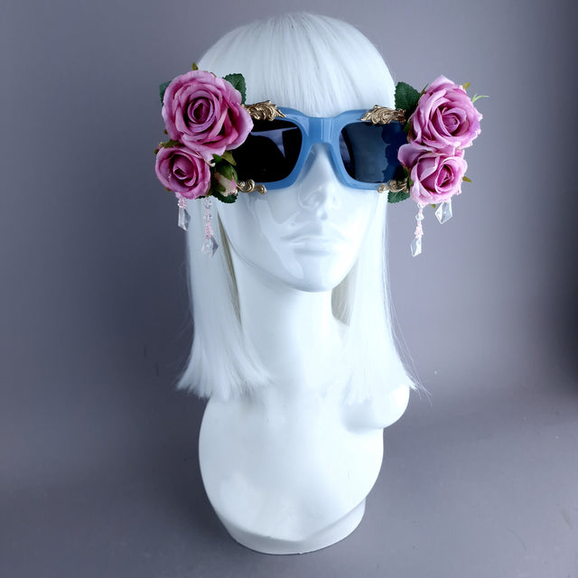 "Raysel" Pink Rose, Filigree & Beading Blue Sunglasses