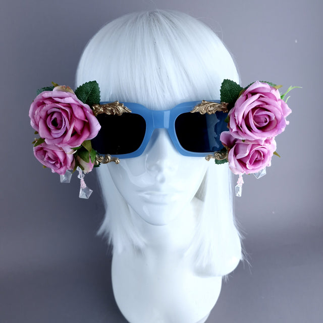 "Raysel" Pink Rose, Filigree & Beading Blue Sunglasses