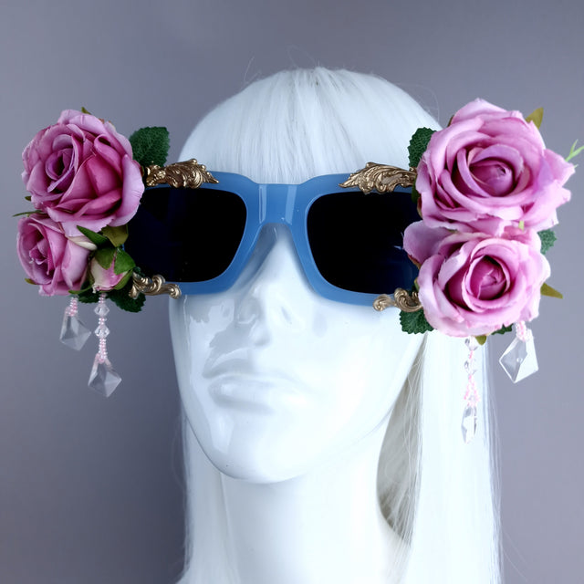 "Raysel" Pink Rose, Filigree & Beading Blue Sunglasses