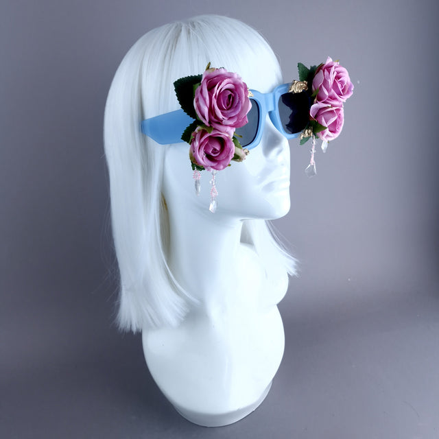 "Raysel" Pink Rose, Filigree & Beading Blue Sunglasses