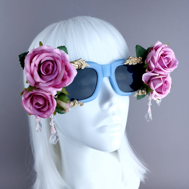 "Raysel" Pink Rose, Filigree & Beading Blue Sunglasses