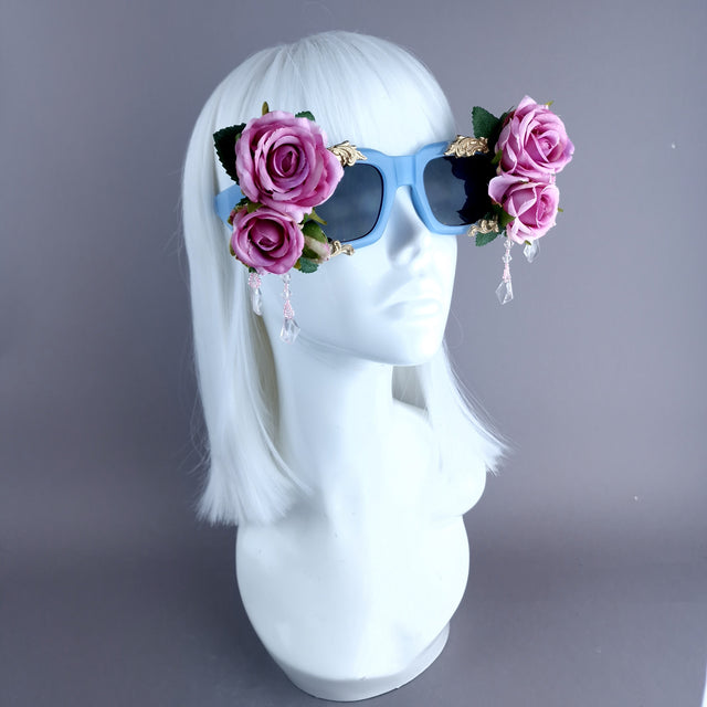"Raysel" Pink Rose, Filigree & Beading Blue Sunglasses