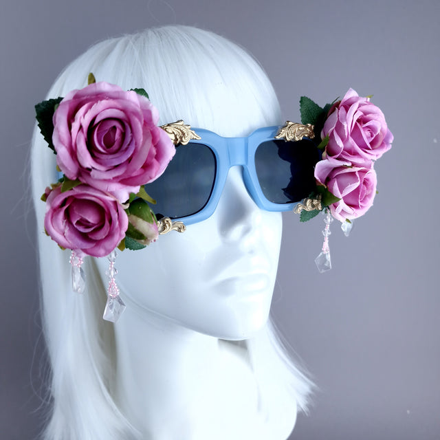 "Raysel" Pink Rose, Filigree & Beading Blue Sunglasses