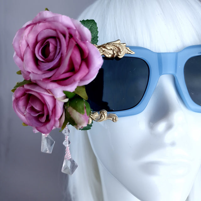 "Raysel" Pink Rose, Filigree & Beading Blue Sunglasses