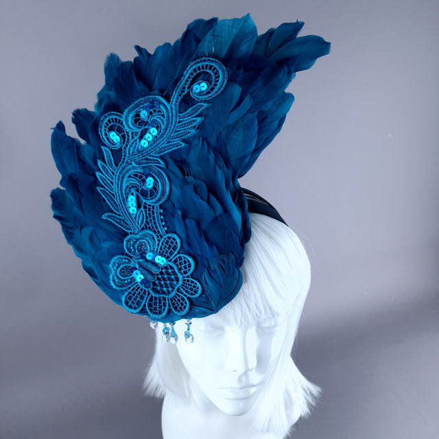 "Aves" Teal Feather Headdress Fascinator Hat