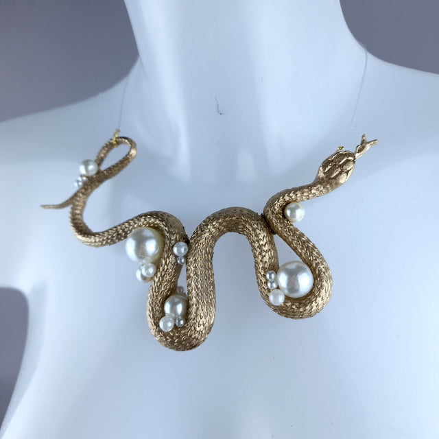 "Venom" Gold Snake & Pearls Necklace