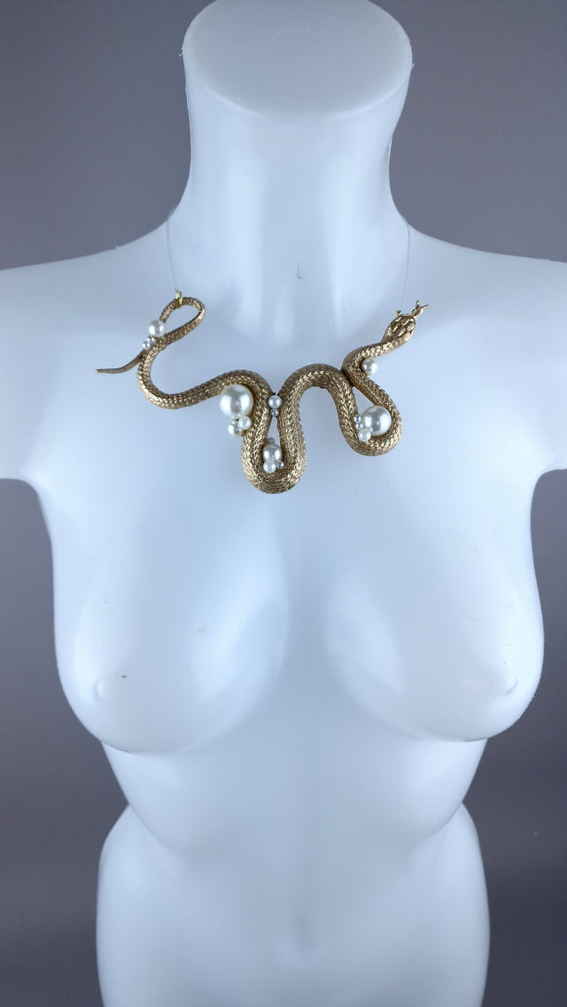 "Venom" Gold Snake & Pearls Necklace