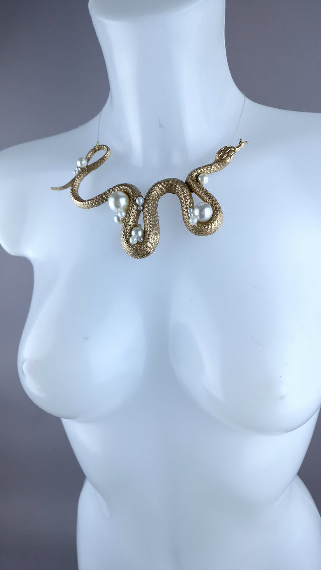 "Venom" Gold Snake & Pearls Necklace