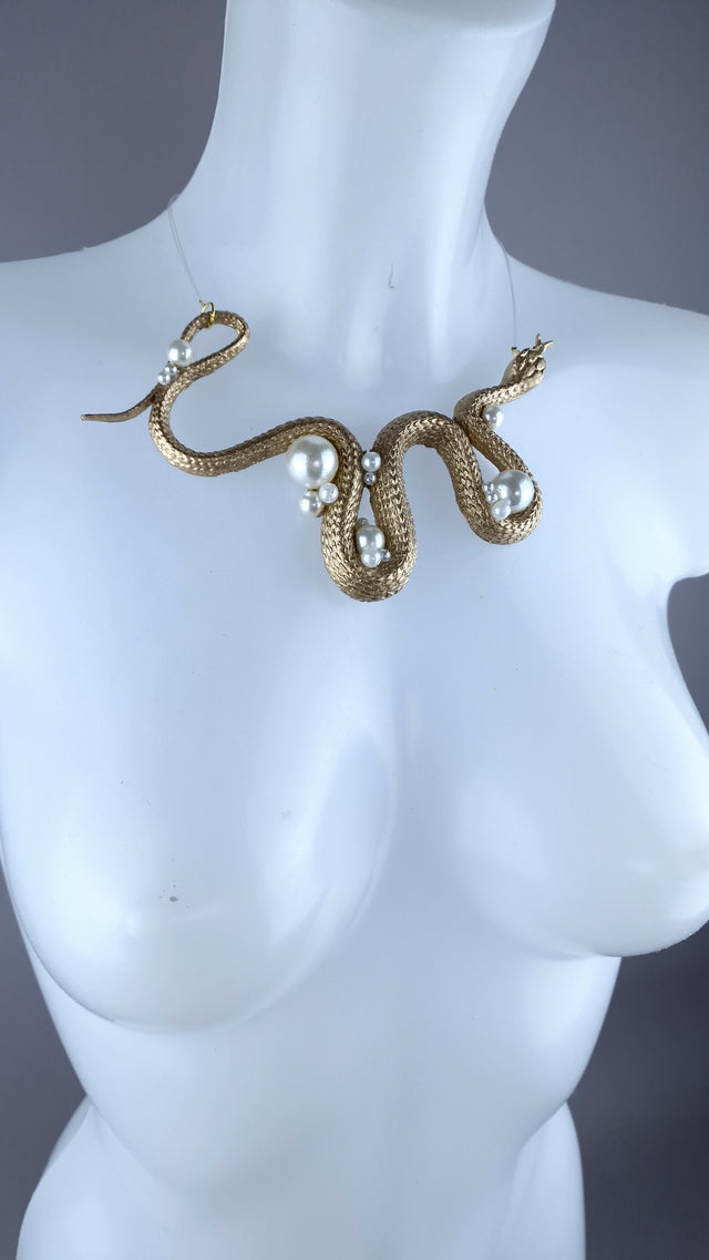 "Venom" Gold Snake & Pearls Necklace