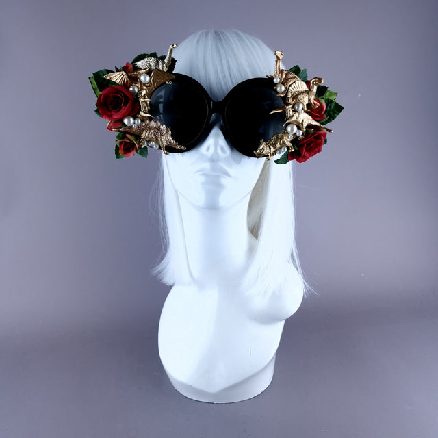 "Rawrrr" Red Rose, Gold Dinosaurs & Pearls Black OTT Sunglasses