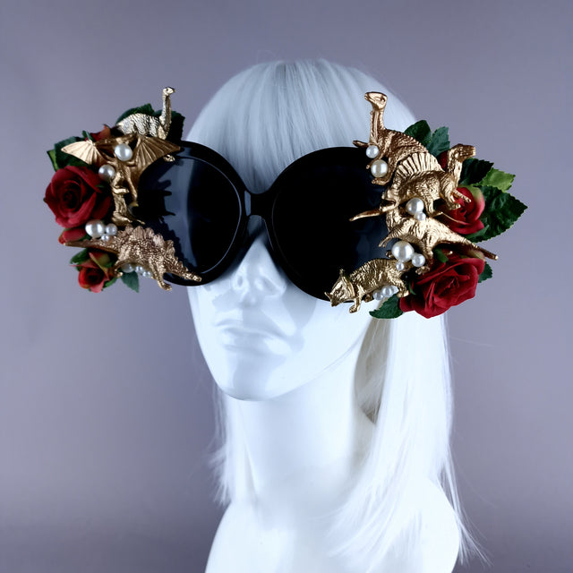 "Rawrrr" Red Rose, Gold Dinosaurs & Pearls Black OTT Sunglasses