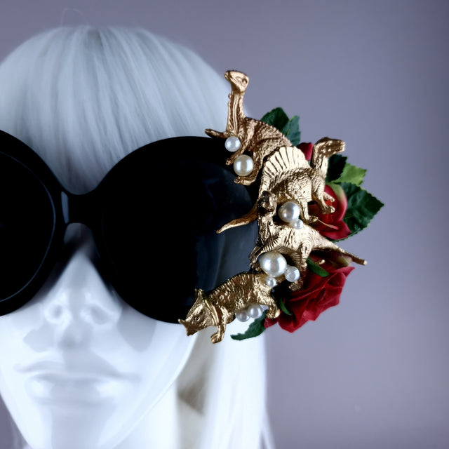 "Rawrrr" Red Rose, Gold Dinosaurs & Pearls Black OTT Sunglasses