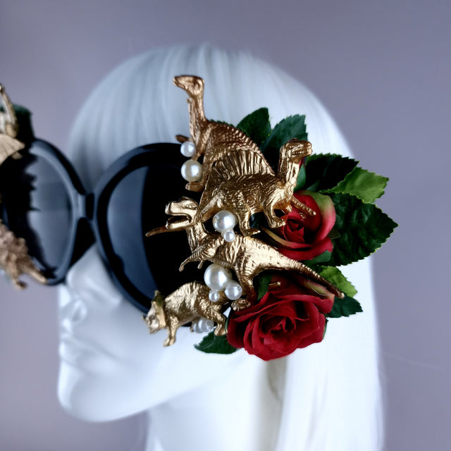 "Rawrrr" Red Rose, Gold Dinosaurs & Pearls Black OTT Sunglasses