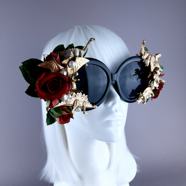 "Rawrrr" Red Rose, Gold Dinosaurs & Pearls Black OTT Sunglasses