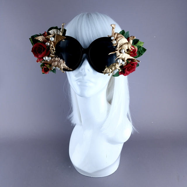 "Rawrrr" Red Rose, Gold Dinosaurs & Pearls Black OTT Sunglasses