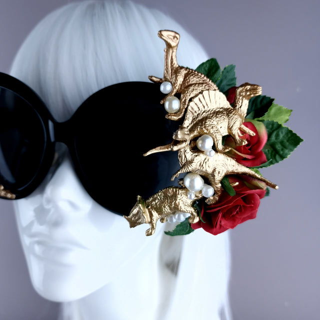 "Rawrrr" Red Rose, Gold Dinosaurs & Pearls Black OTT Sunglasses