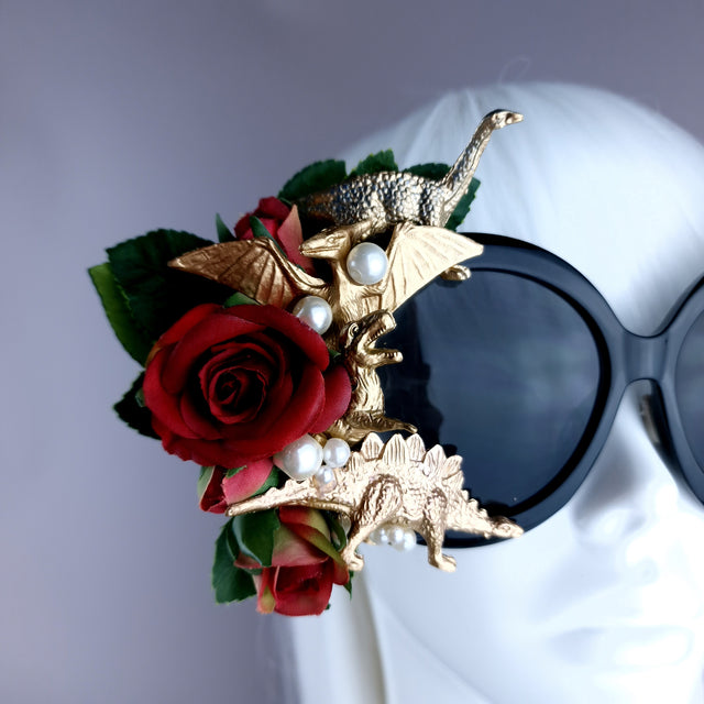 "Rawrrr" Red Rose, Gold Dinosaurs & Pearls Black OTT Sunglasses