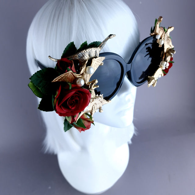 "Rawrrr" Red Rose, Gold Dinosaurs & Pearls Black OTT Sunglasses