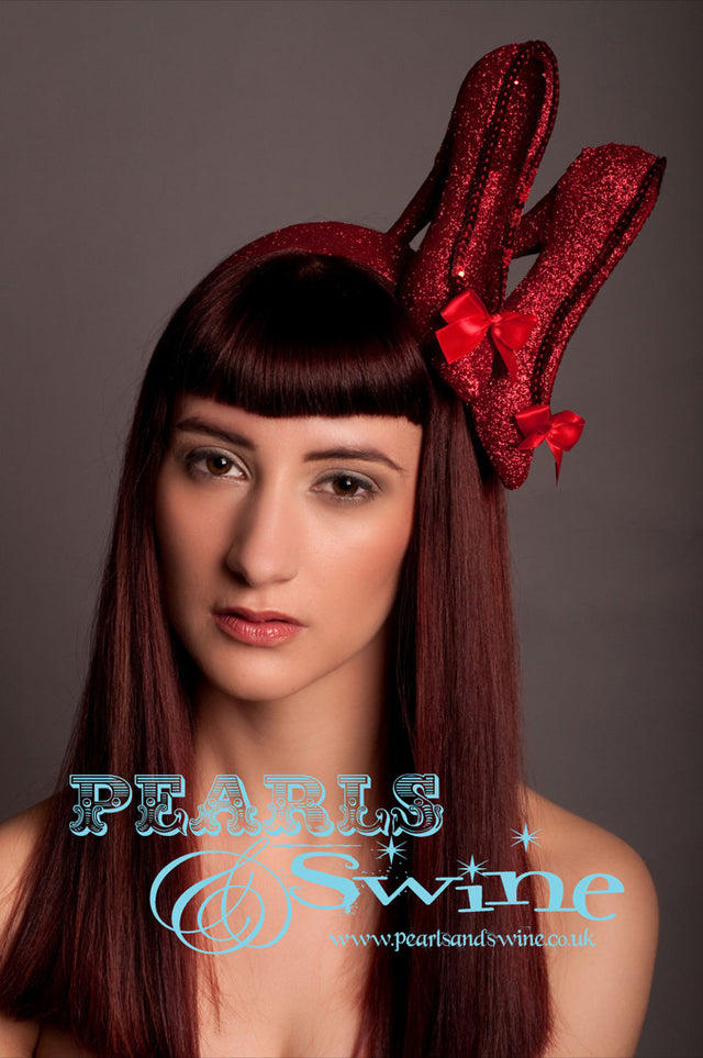 Red Glitter Heels Headband "Dorothy's Delight" Limited edition large red glitter heels with red satin bows, finished with red gems. Set on a wide red hand glittered headband. Inspired by The Wizard of Oz.