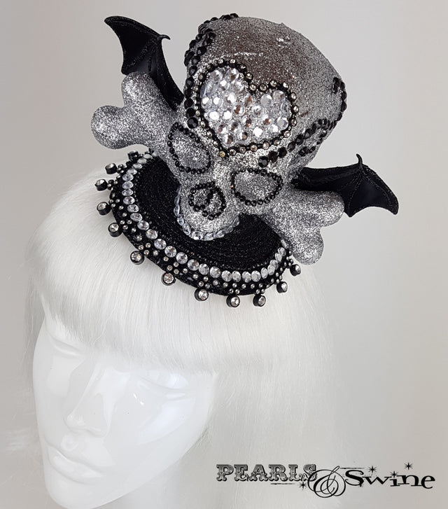 silver and black Glitter bat skull goth fascinator UK