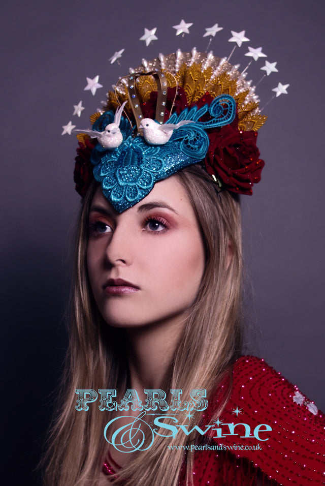 Virgin Mary Headdress "Queen of Angels" The Virgin Mary headdress has turquoise glitter lace, roses, doves, stars, beading and a lush crown covered in crystals with a hand-moulded felt base set on a headband. A piece of wearable art.