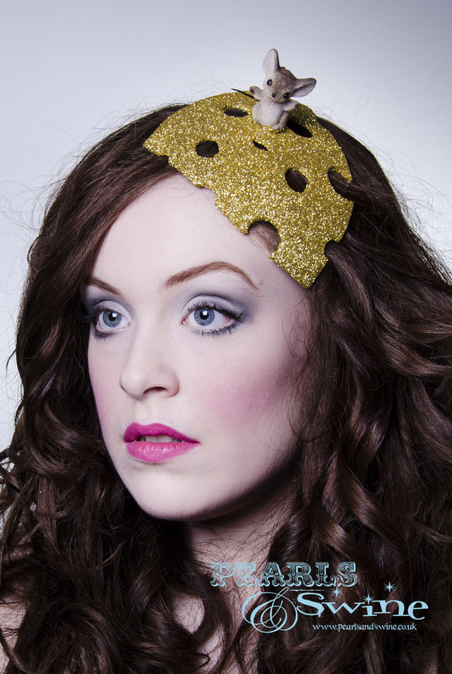 Quirky Mouse and Cheese Fascinator "Squeak" Whimsical mouse sitting on a gold glittered swiss cheese hand blocked millinery felt base. This headpiece is backed with leopard print. Attaches with a comb and adjustable hat elastic. This quirky headpiece is not very large pr OTT but it's still a "Say Something Hat", perfect for a wedding!
