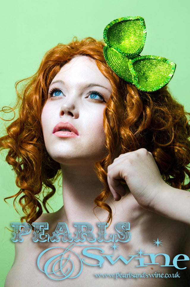 Lime green, kawaii glittered fascinator has hand stitched, hand glittered ears, edged in sequins. Can be done in pretty much ANY colour glitter. Backed with leopard print satin, this kawaii glitter ears fascinator attaches with a comb and adjustable hat elastic.