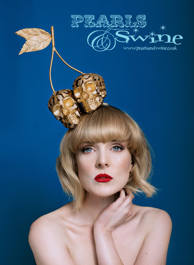 Unique cherry headband with leopard-print skulls - hand painted and glittered 'cherries' with a golden stalk. Set on a wide satin leopard print headband. If you need any extra securing just use bobby pins. This limited edition headpiece is lightweight, perfect for a Rock & Roll bride, the races or a burlesque showgirl.