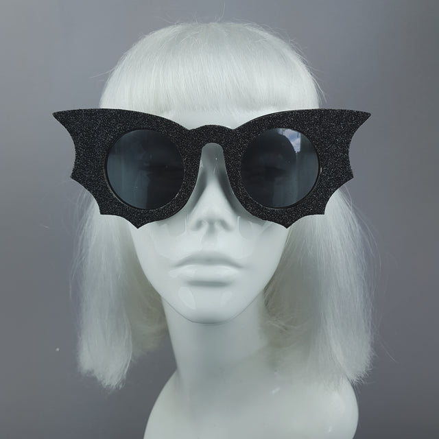 Pearls & Swine: Black Bat Wing Glitter Sunglasses "Transylvania"