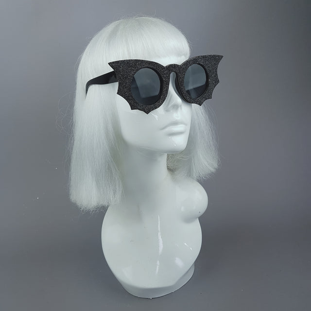 Pearls & Swine: Black Bat Wing Glitter Sunglasses "Transylvania"