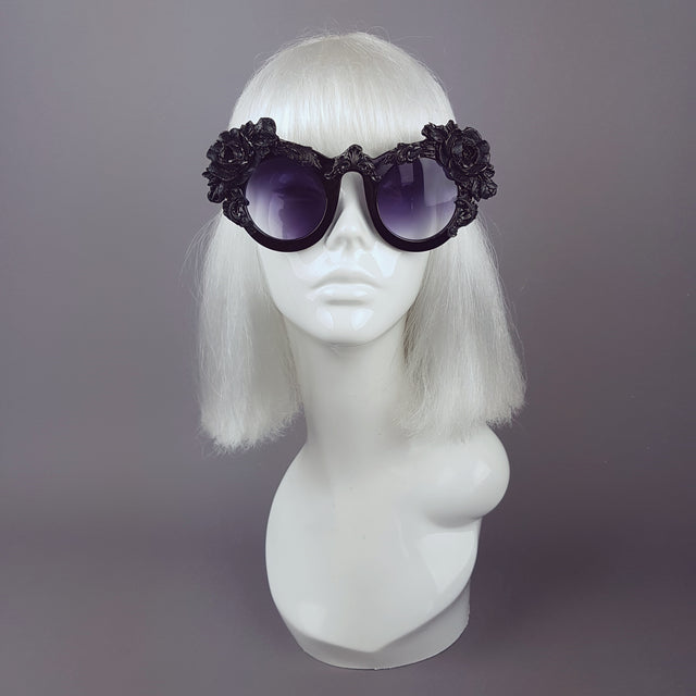 Hand-decorated, customised oversized sunglasses, with rose and filigree detail. Tinted Lenses.