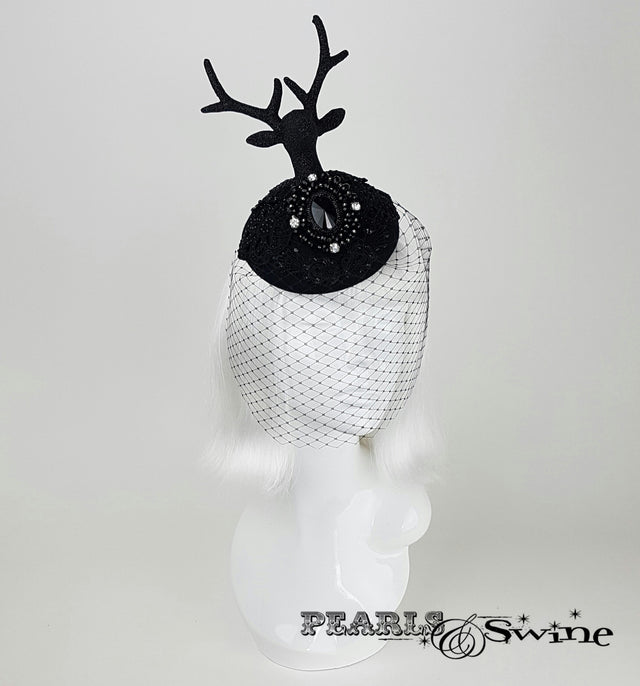 black glitter lace deer head and antler hat, bird cage veil