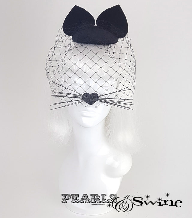 Black velvet cat ear veil fascinator