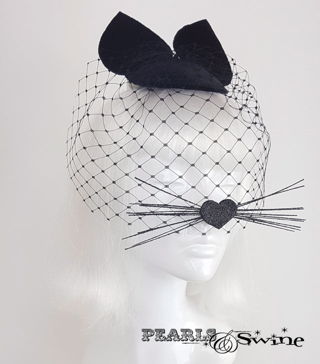 Black velvet cat ear veil unique fascinator for sale UK