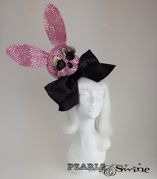 pink glitter bunny skull ear bow headdress