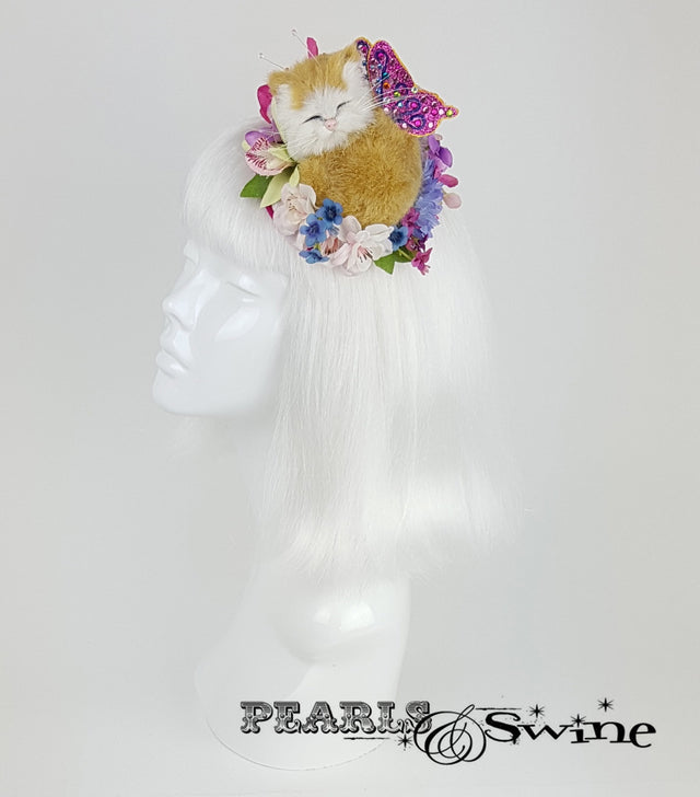 sleeping kitten cat flower butterfly fascinator millinery