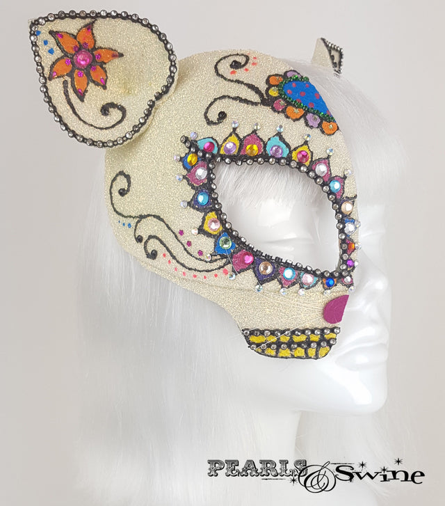 Day of the Dead cat, sugar skull inspired glitter half mask fascinator, crazy cat lady